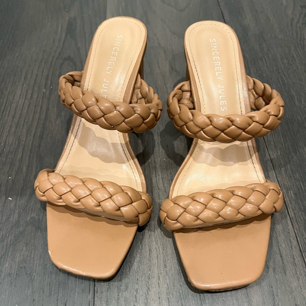 Light Tan Braided Slide Sandals with Block Heel